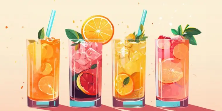 Vector illustration of a variety of low-sugar mocktails arranged on a flat pink surface, bright colors
