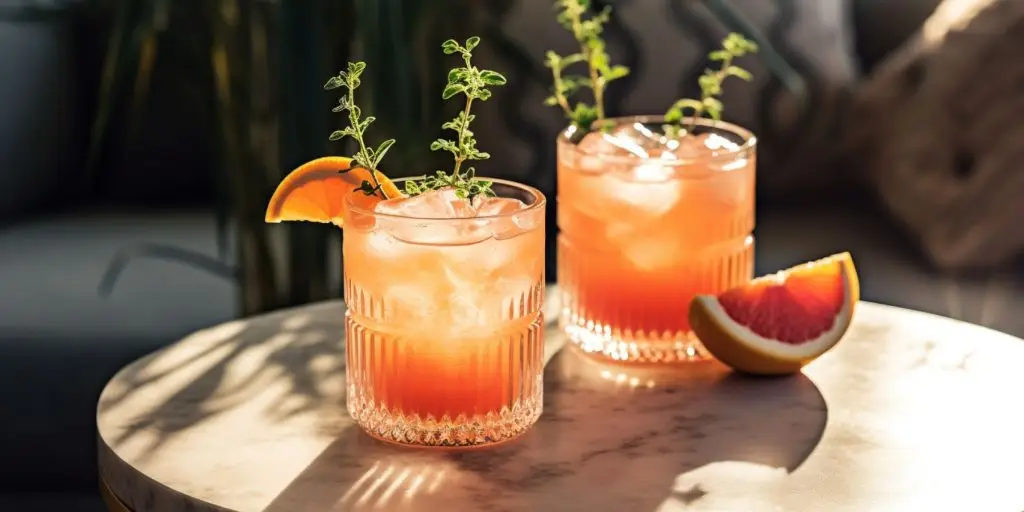 Two Grapefruit Thyme Spritzer on a table inside a modern home lounge with sunlight streaming in through large windows