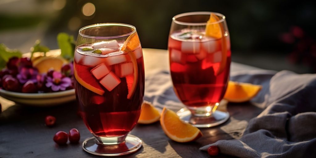 Two Hibiscus Sangria mocktails outside on a table set for a romantic picnic in summertime