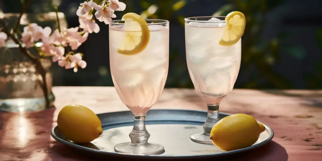 Two Tom Collins Mocktails outside on a table covered in a pink tablecloth in a flower garden in spring
