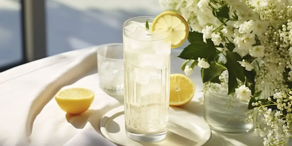 One Elderflower Spritz cocktail on a table with a white tablecloth and a vase of elderflower blooms, daytime, sunny, summer