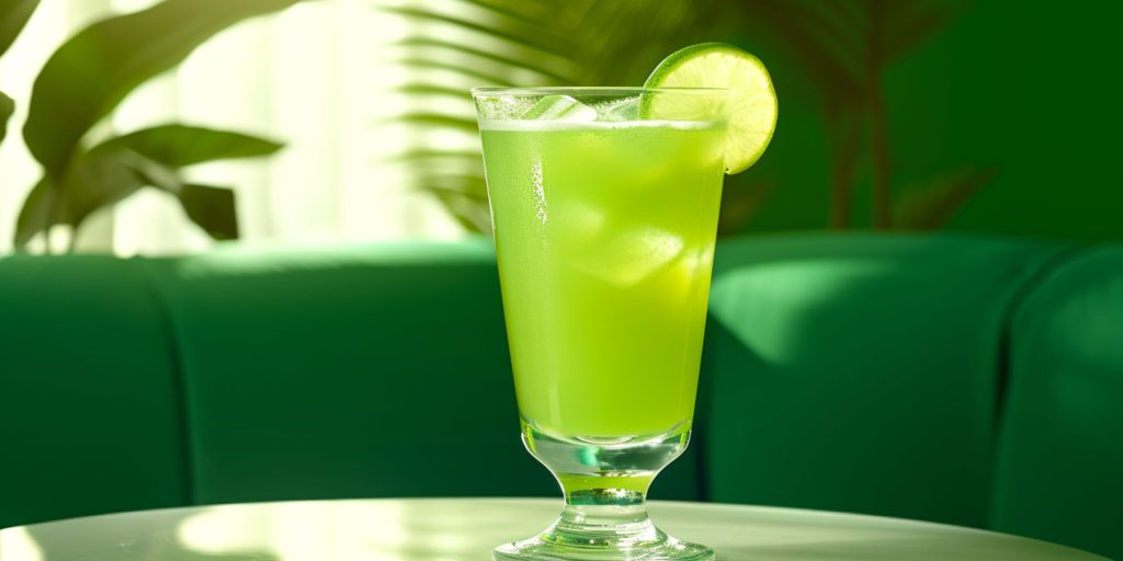 A Junebug cocktail on a table in a modern lounge decorated in shades of green in daytime, light, bright