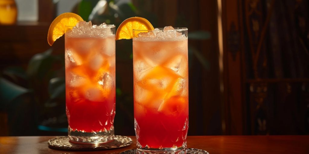 Two Russian Sunset cocktails on a table in a traditional Russian home environment decorated in shades of red 