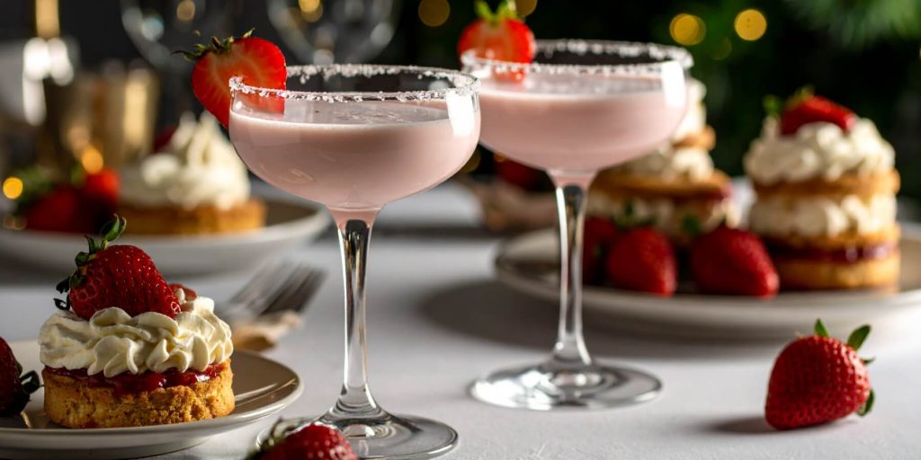 Close-up of two Strawberry Shortcake Daiquiris served with shortcakes with whipped cream and strawberry jam