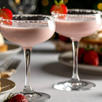 Close-up of two Strawberry Shortcake Daiquiris served with shortcakes with whipped cream and strawberry jam