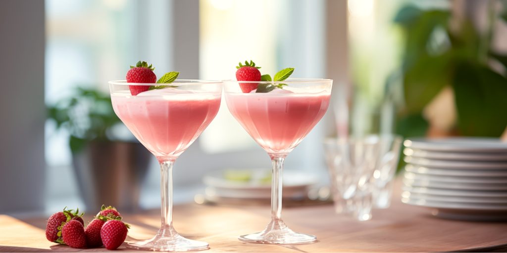 Two decadent Strawberry Shortcake Daiquiris in a bright kitchen setting