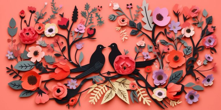Cut paper illustration of two love birds on a flat pink plane surrounded by a variety of colorful flowers