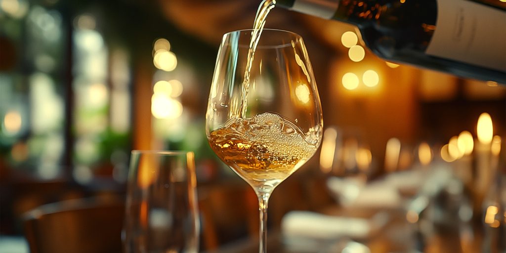 A glass of white wine being poured with blurred out restaurant in background