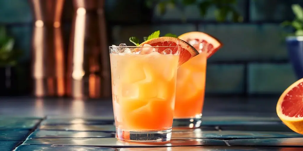 Two 212 Aperol Tequila cocktails with grapefruit garnish