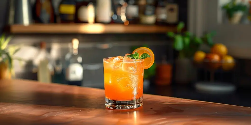A vibrant orange El Chipilo Tequila Aperol cocktail with orange garnish in a modern kitchen setting 