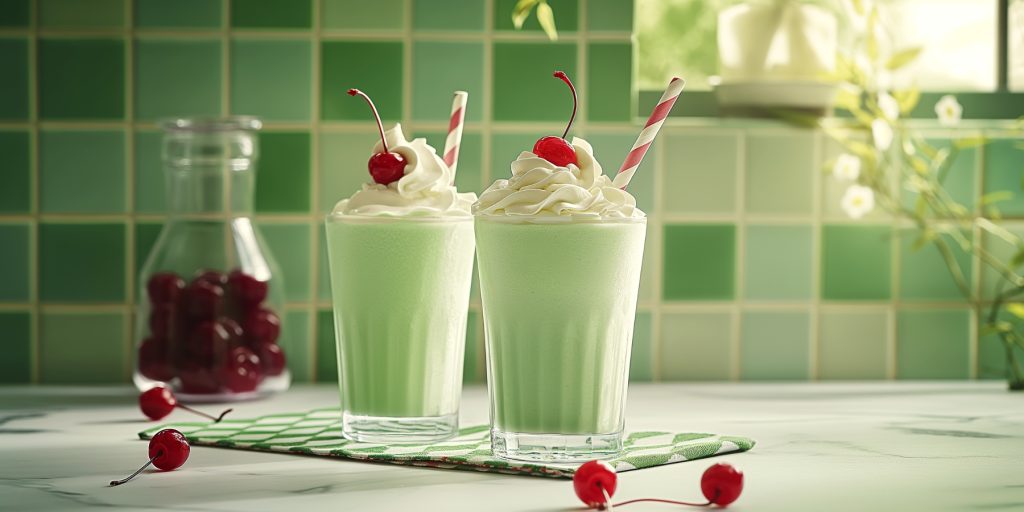 Two Shamrock St. Patrick's Day mocktails in a green-themed kitchen setting
