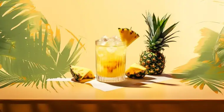 Photo collage image of a photo realistic pineapple tequila cocktail shown against a flat, illustrated backdrop featuring palm fronds and tropical imagery in shades of green and yellow