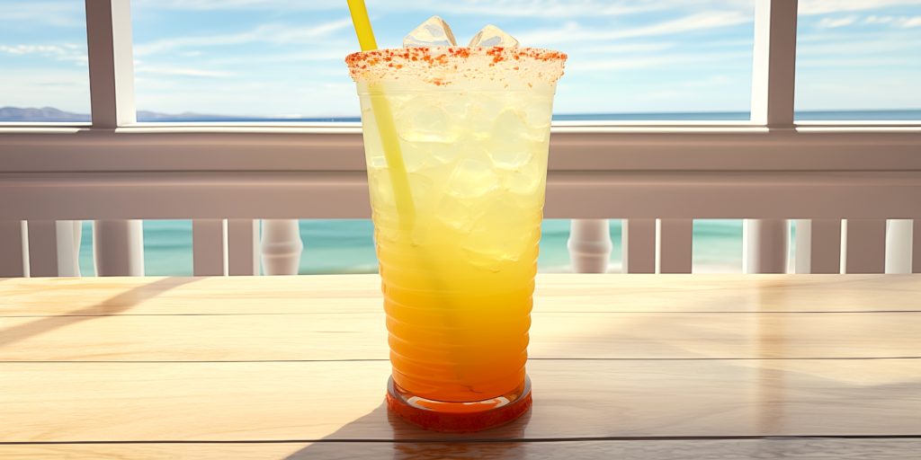 Pineapple Ranch Water cocktail on a table outside at a beach cafe with an ocean view