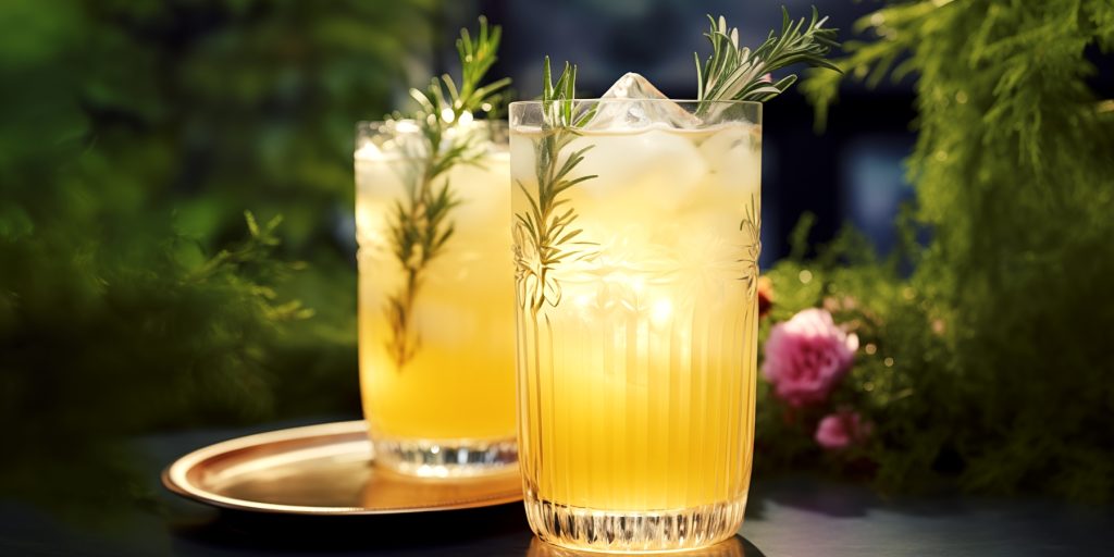 Two Rosemary Pineapple Tequila Cocktail cocktails on table outside in a vibrant summer garden 