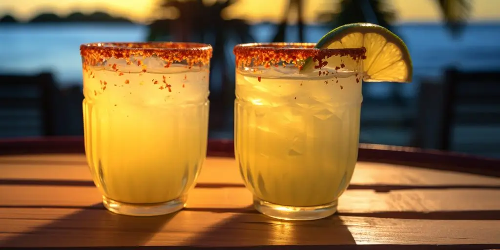 Two Spicy Pineapple Tequila Spritz cocktails on a table inside a traditional island Tiki bar