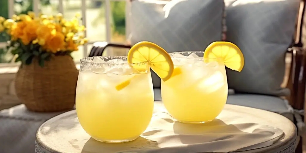 Two Tequila Pineapple Rum Punch cocktails on a table on a porch between two wicker chairs with yellow pillows