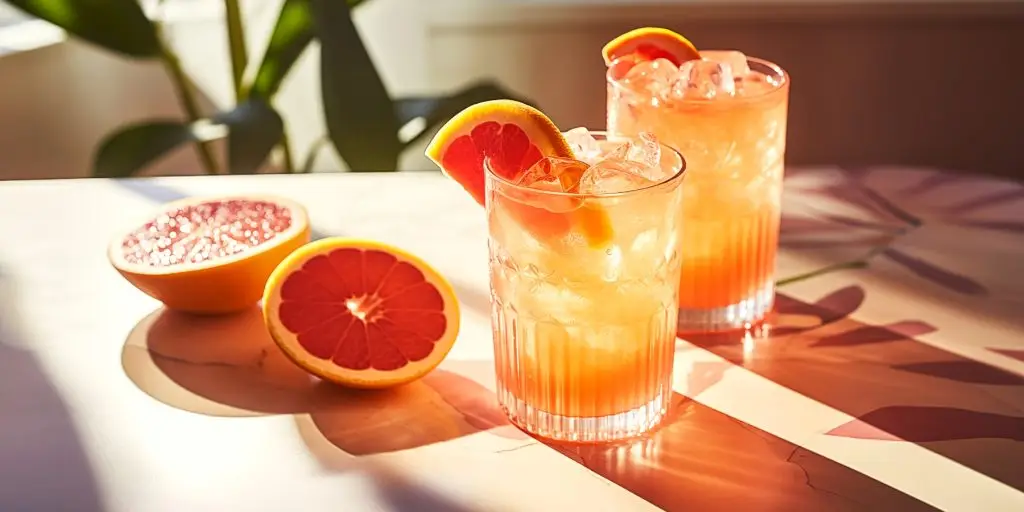 Two fizzy Ginger Beer Paloma variation cocktails with grapefruit garnish