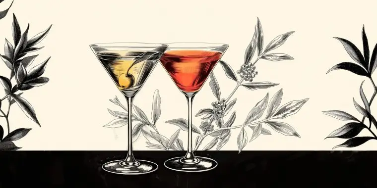 Classic color illustration of two vermouth cocktails, one Martini and one Manhattan, on a black and white background showing botanical illustrations of wormwood, a key ingredient in vermouth