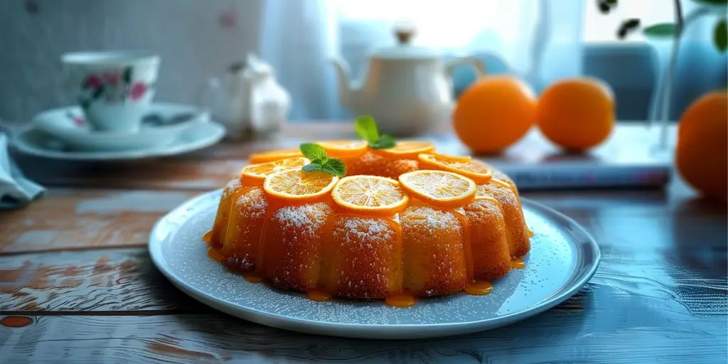A Grand Marnier bundt cake with orange garnish and Grand Marnier glaze
