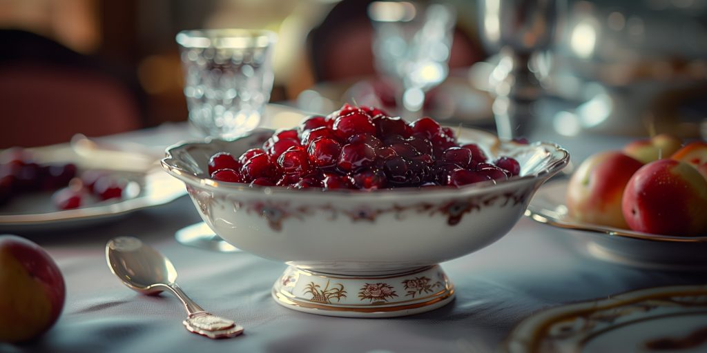 Bowl of cranberry sauce with Grand Marnier on a dinner table setting