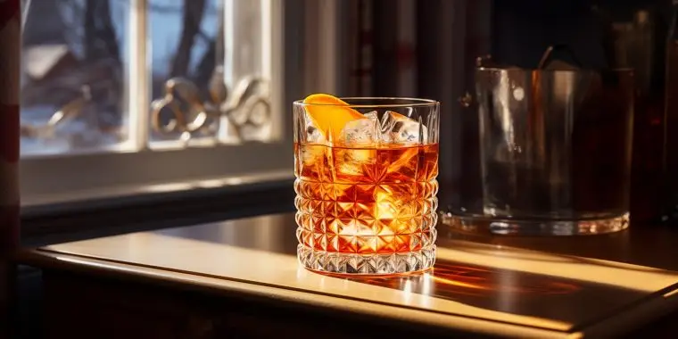 Rum Old Fashioned cocktail with orange peel garnish