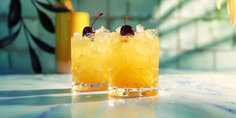 Two Test Pilot orange liqueur cocktails with dark cherry garnish in a modern kitchen setting