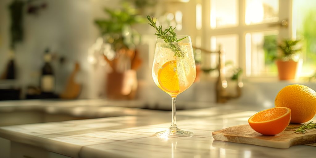 A Lillet Blanc Spritz served with orange and rosemary garnish, served in a modern kitchen