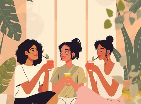 Vector illustration of three friends drinking mindfully in a tranquil room filled with lots of plants