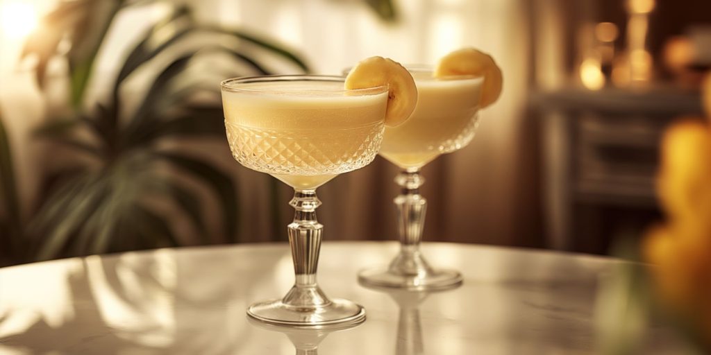 Two Banana Alexander cocktails on a table in a retro home lounge, stylish, elegant, shades of white