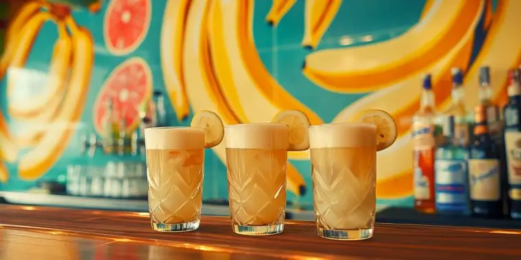 Three banana liqueur cocktails on a wooden bar counter in a sunny bar against a wall covered in wallpaper with big, bright bananas on it