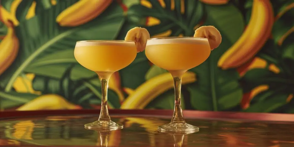 Two Shaken Banana Daiquiri cocktails on a table in a modern home kitchen decorated in shades of yellow with banana print wallpaper in the background