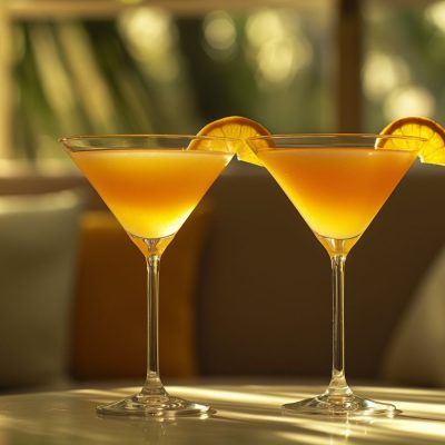 Two Citrus Gin Martini cocktails on a table in a pretty modern lounge in the late afternoon