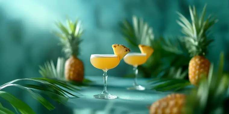 Two pineapple gin cocktails in a studio setting against a blue backdrop with whole fresh pineapples and pineapple leaves in the backdrop