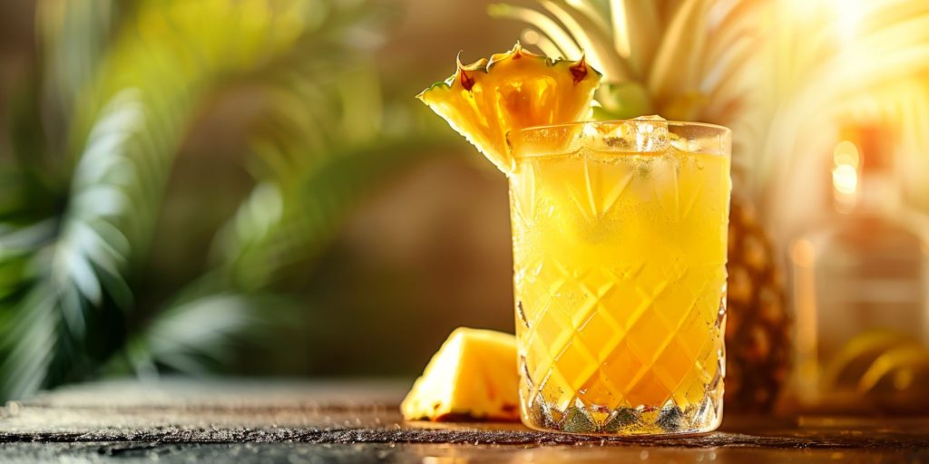 A Park Avenue Gin Cocktail on the wooden countertop of a home bar on a sunny day with fresh pineapples in the background