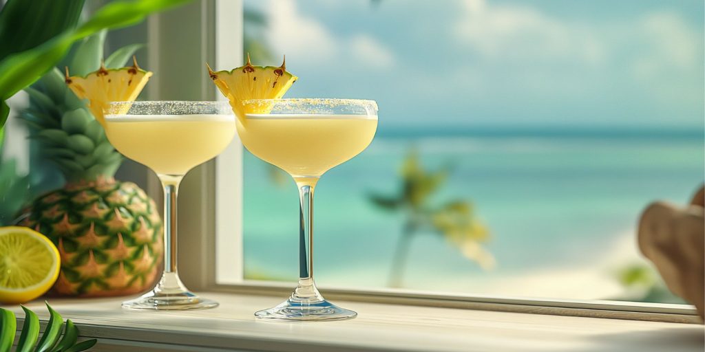 Two Pineapple Gin Daiquiri cocktails on a window sill of a luxury beachside home