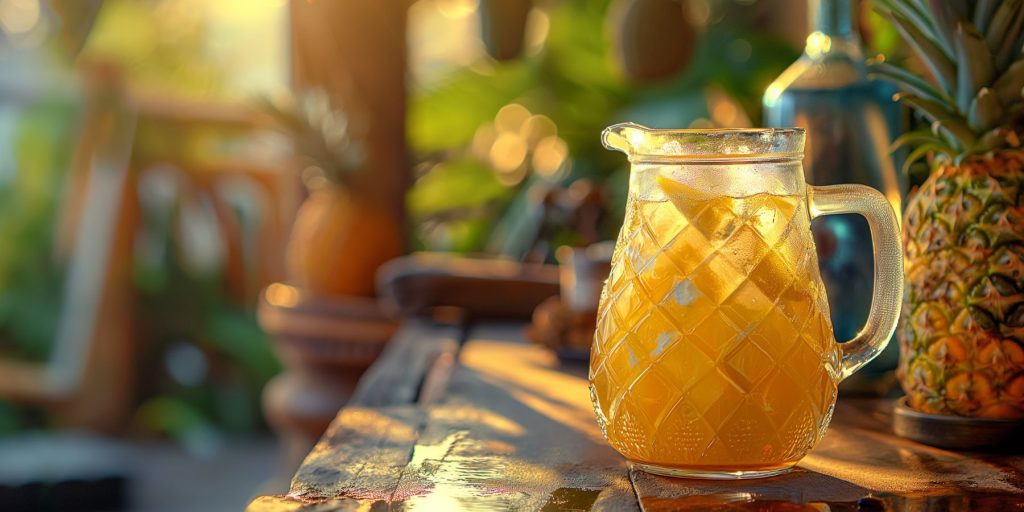 A jug of Pineapple Gin Punch on an outdoor home bar counter with Tiki decor on a sunny day