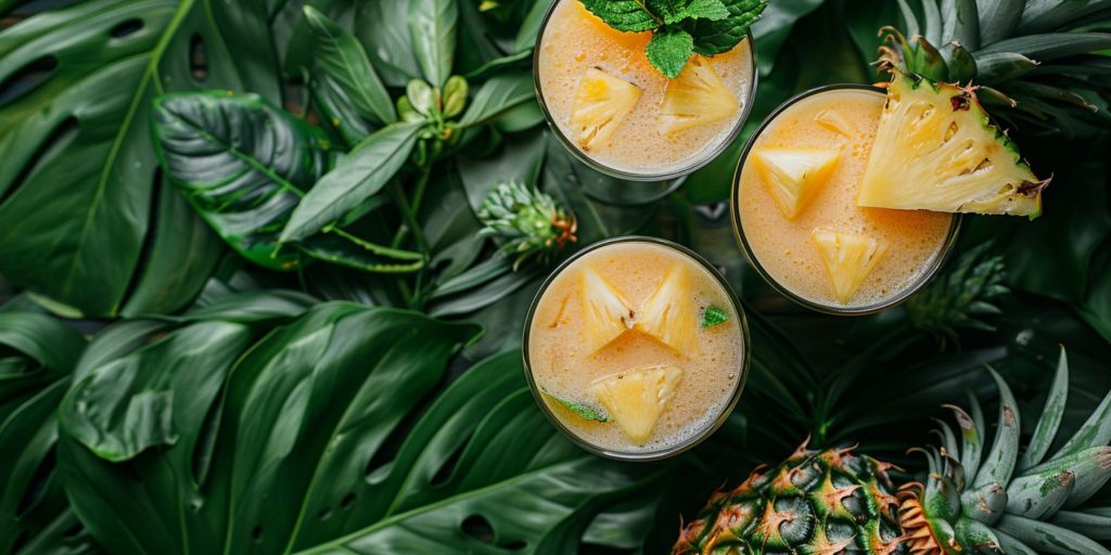 Top view of three glasses of pineapple juice on a table surrounded by tropical leaves