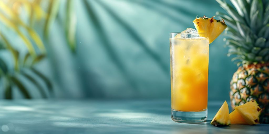A Pineapple Tom Collins cocktails on a blue blackdrop in a studio setting