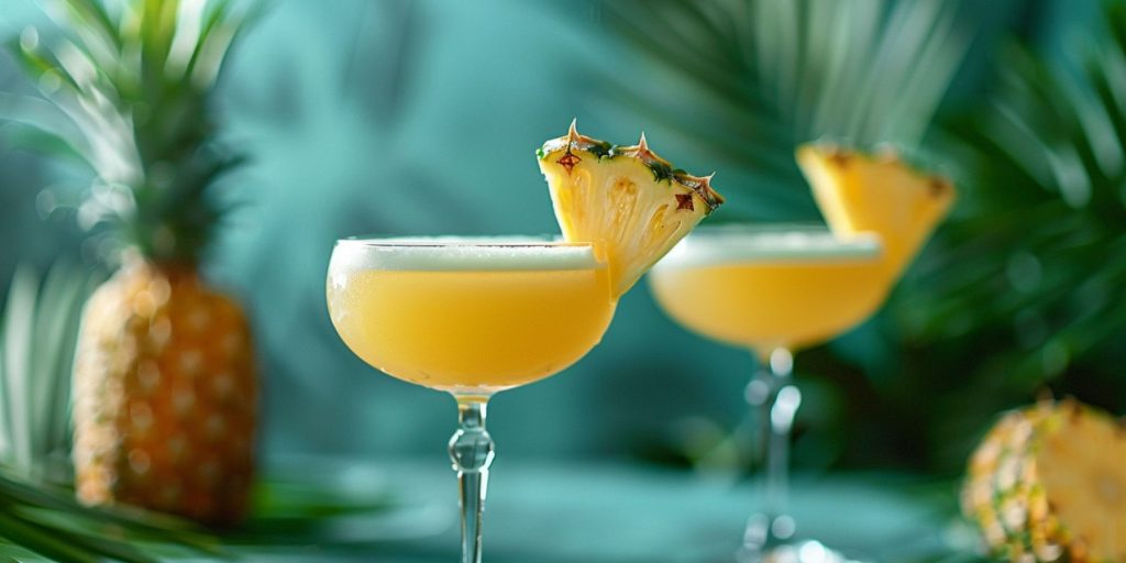 Two Sergeant Pepper Cocktails against a blue stylized backdrop in a studio setting with fresh pineapples in the background