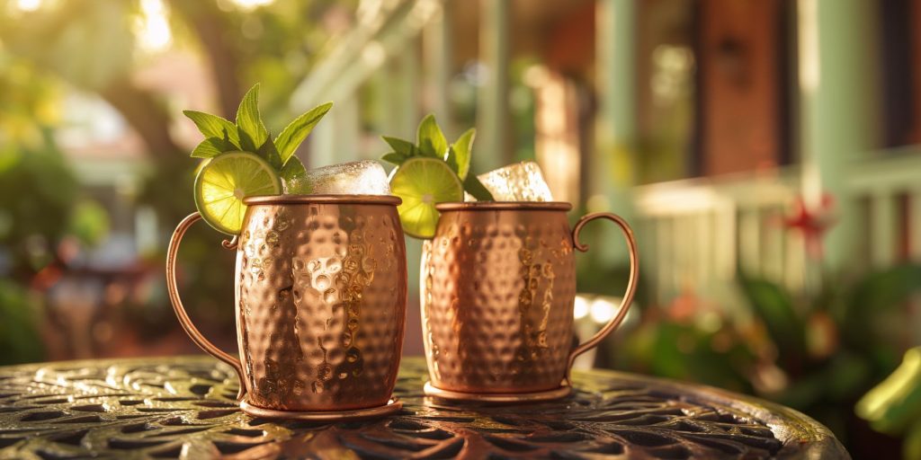 Two Tropical Gin Mule cocktails in mule cups on a table outside on a veranda in a shade-dappled courtyard 