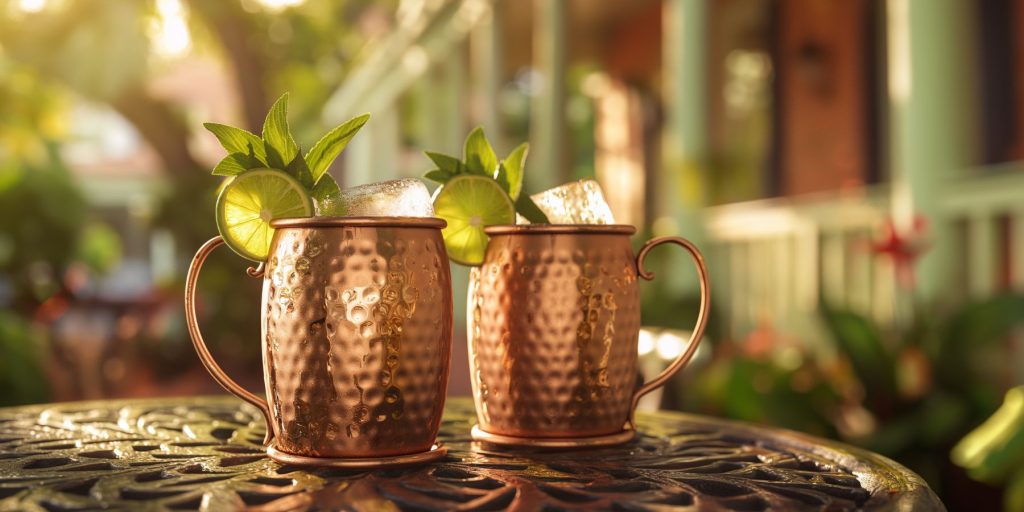 Two Tropical Gin Mule cocktails in mule cups on a table outside on a veranda in a shade-dappled courtyard