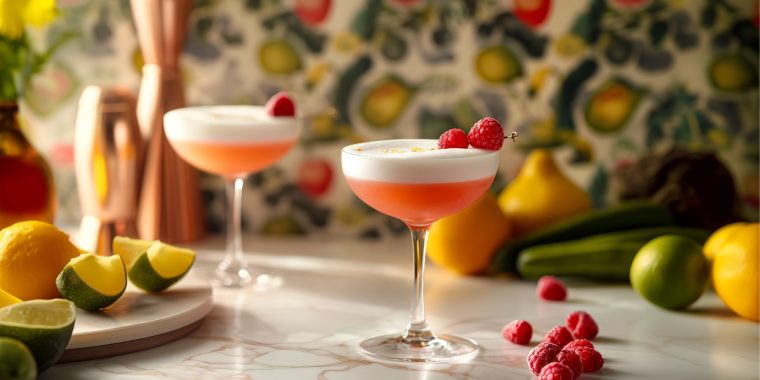 Two French Martini cocktails in coupe glasses surrounded by a variety of seasonal cocktail ingredients