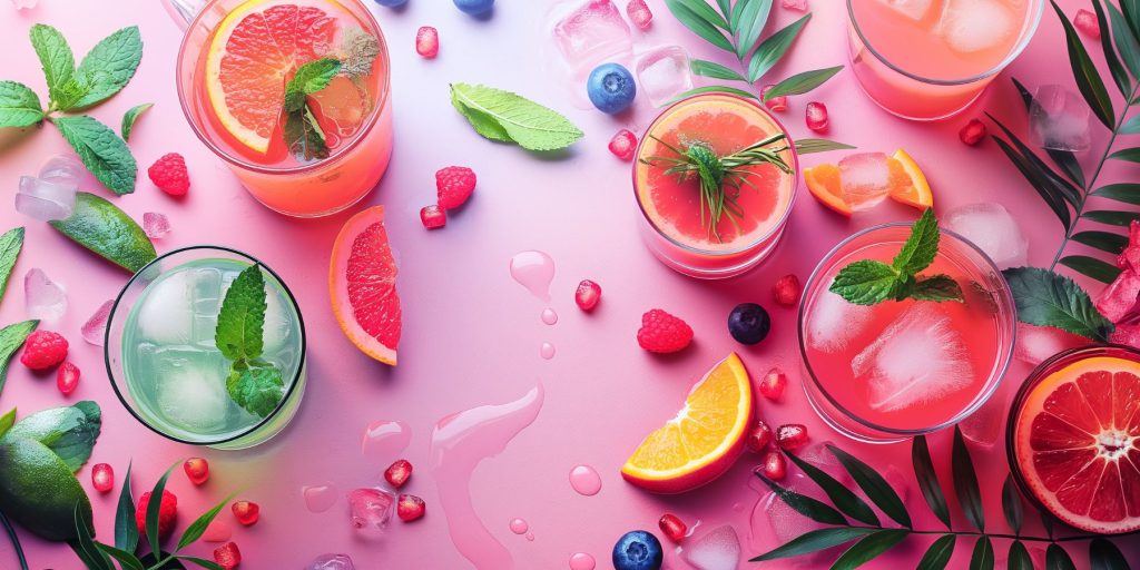 Top view of a variety of vegan cocktail ingredients artfully scattered on a pink surface