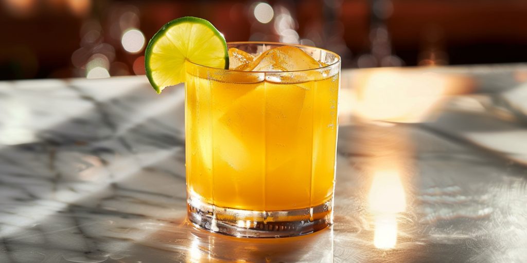 A Grand Marnier and Ginger Beer cocktail served on the rocks with a lime wheel garnish