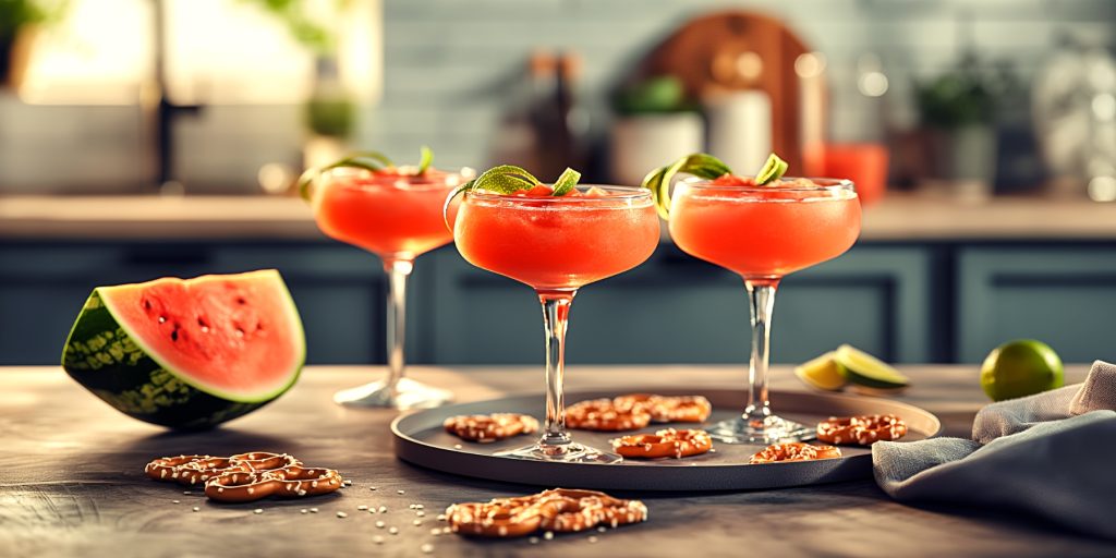 Three spicy Firecracker cocktails with lime garnish served with salted pretzels and watermelon in a modern kitchen setting