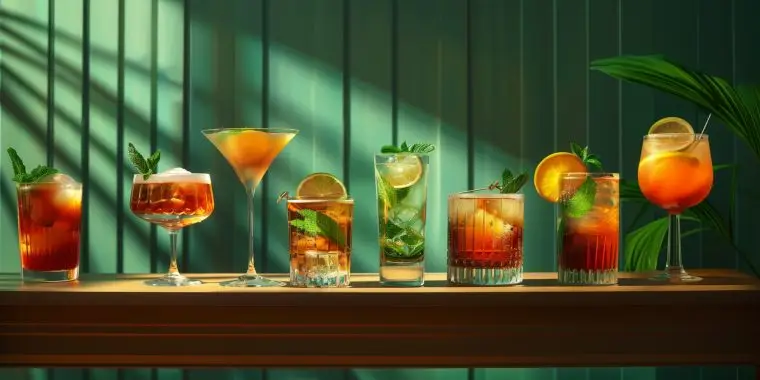 Row of different cocktails on a table set against a wooden green background
