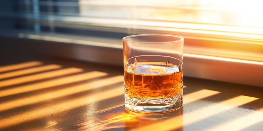 Close up image of a tumble of neat whiskey on a window sill in a sunny apartment