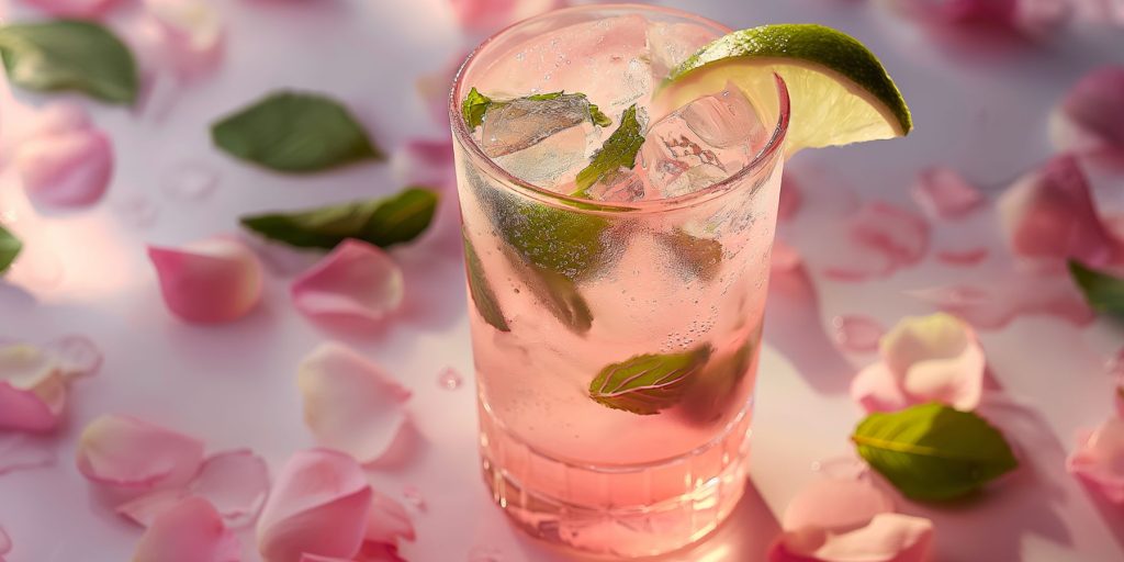 Close up of a light poink Rose Mojito on a pink surface, garnished with a lime wedge, and surrounded by pink rose petals