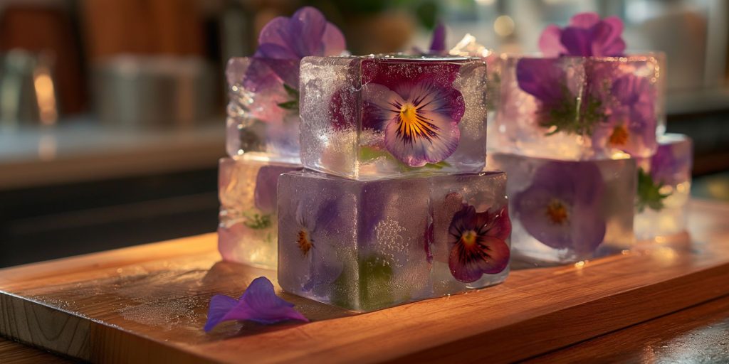 Floral ice cubes filled with pansies