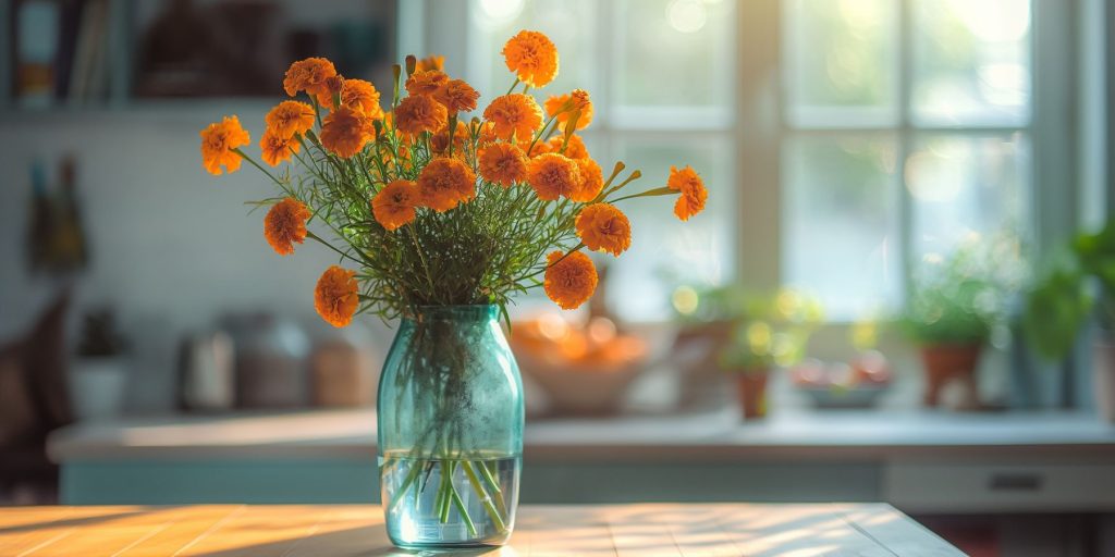 A blue vase of marigold flowers in a sunny, modern kitchen